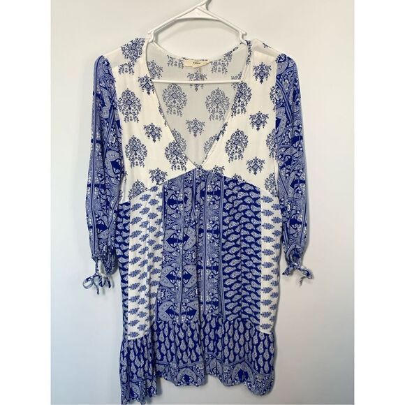 Entro Damask Tapestry V-Neck Babydoll Mini Dress Blue & White Small - Picture 1 of 6